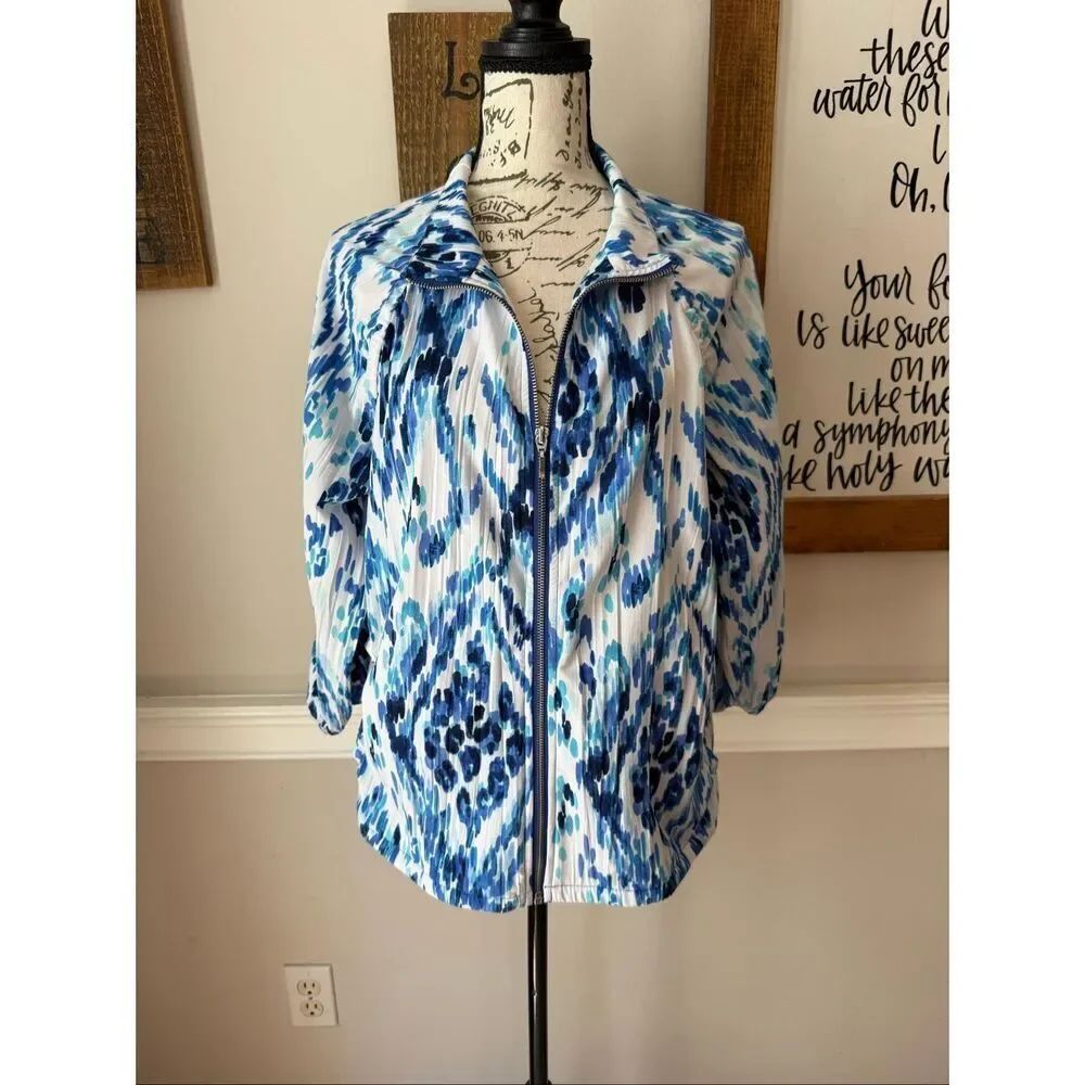 Zenergy By Chico's Women's Abstract Print Full Zip Jacket Blue White - Chico’s